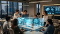 Future Strategy: Team Meeting with Interactive Holographic Data Display Royalty Free Stock Photo