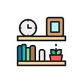 Office shelf, bookshelf flat color line icon.