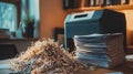Office shredder destroys documents near stacked papers, home office background Royalty Free Stock Photo