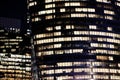 Empty Paris business district Glass office skyscrapers at night illuminated windows