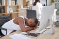 Office, sleeping or tired black woman resting on table with burnout is overworked by deadlines at desk. Lazy, dreaming Royalty Free Stock Photo