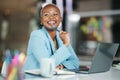 Office smile, laptop and happy black woman, creative agent or business person thinking of brand advertising plan. Agency Royalty Free Stock Photo