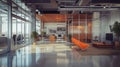An office space that is empty, featuring numerous windows and chairs Royalty Free Stock Photo