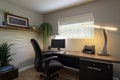 office space with ergonomic desk, chair, and lighting