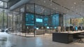 office space featuring a central glass-walled room with large, glowing digital screens displaying complex data, charts, and Royalty Free Stock Photo