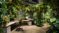 Office space integrated within an indoor garden full of lush plants and flowers Royalty Free Stock Photo