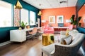 office space with sleek, modern furnishings and bold colors