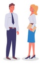 Office staff, employees, partners stand and communicate. Man and woman in formal suits. Flat image