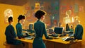 Office staff members in front of their computers at their workstations, stylized