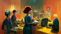 Office staff members in front of their computers at their workstations, stylized