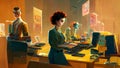 Office staff members in front of their computers at their workstations, stylized