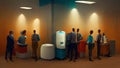 Office staff members standing talking and socializing around the company water cooler