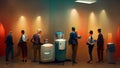 Office staff members standing talking and socializing around the company water cooler