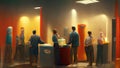 Office staff members standing talking and socializing around the company water cooler