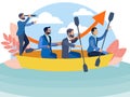 Office staff sailing in the same boat to the goal. In minimalist style Cartoon flat