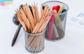 stationaries with color pan and pencils on office table Royalty Free Stock Photo