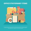 Office stationary collection. Business gadgets manager education supply folder paper book pen pencil stapler vector