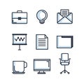 Office stationery equipment supplies icon set