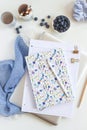 Office stationery flatlay in blue mood. Creative freelancer desk top