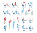 Office stretching exercises people set of isolated vector illustration, business man and woman on chair workout and Royalty Free Stock Photo