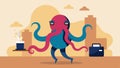 Office Stroll An octopus with vibrant cartoonish tentacles strolls along a sandy beach swinging a sleek black briefcase