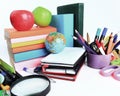 Office and student accessories on a white. Back to school concept. Royalty Free Stock Photo