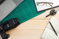 Office stuff and gadgets on wooden desk Royalty Free Stock Photo