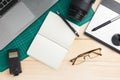 Office stuff and gadgets on wooden desk Royalty Free Stock Photo