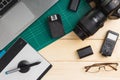 Office stuff and gadgets on wooden desk Royalty Free Stock Photo