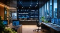The office is stylishly designed, with large screens showing dynamic financial data.