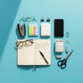 Office supplies arranged on a light blue surface. Items inclu Royalty Free Stock Photo