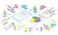 Office supplies in 3D isometric style. Writing materials and other stationery set. Royalty Free Stock Photo