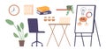 Office Supplies and Items Isolated Icons Set. Desk With Laptop, Sleek Chair, Organized Folders, Shelf with Plant