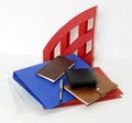 blue, brown, red, black, colored stationery scattered on the table