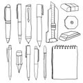 Office supplies pencil pens cutter eraser. line art illustration