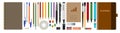 Office supplies and school items assortment. Vector. Big stationery set: pencils, pens, text marker, brushes, pins, Scotch tape, e