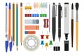 Office supplies and school items assortment. Vector. Stationery set pencils, pens, text marker, brushes, pins, Scotch tape, eraser