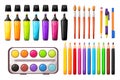 Office supplies.A set of colored pencils, markers, pens.Watercolor paints, brushes for drawing. Royalty Free Stock Photo