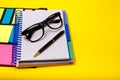 Office supplies. Stationary concept. Photo of pen, glasses sticky note
