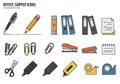 Office supply icons displayed in two rows, featuring various items. Top row includes a Royalty Free Stock Photo