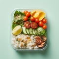 Office sweet and savory food lunch box. Pasta, tuna, spinach, avocado salad and fruit, peanut butter sandwiches lunch