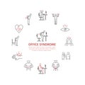 Office syndrome infographic. Symptoms and causes. Line icons set. Vector