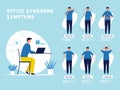 Office syndrome infographic. Workers managers with unhealthy back and neck office people problems blending eyes recent
