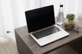 office table with blank screen on laptop, bottle of water, modern glasses, garden plant on glass vase on white drape background t
