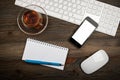 Office table with computer keyboard and cup of tea Royalty Free Stock Photo