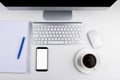 Office table with computer, wireless computer keyboard and mouse, cup of coffee, tablet smartphone.copy space notebook. empty scre