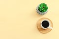 Office table with cup of coffee and supplies. top view Royalty Free Stock Photo