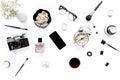 Office table desk. retro camera, glasses, phone, coffee on white background. Flat composition, magazines. Home office