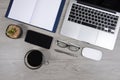 Office table with laptop computer, notebook, digital tablet, pen, smartphone, mouse, eyeglasses and coffee on wood background Royalty Free Stock Photo