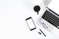 Office table with laptop computer, smartphone, pen, notebook and coffee on isolated pure white background / Laptop and tablet mock